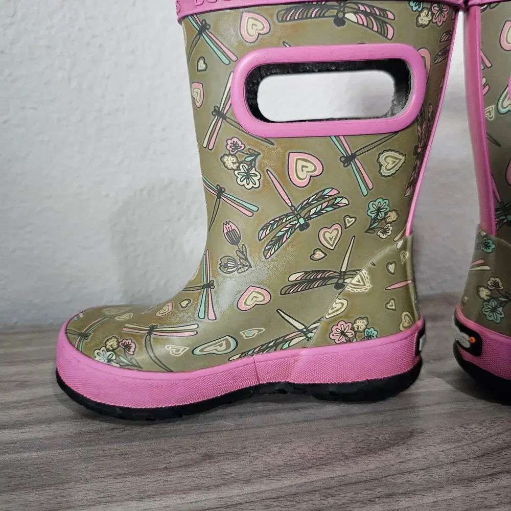 Bogs Skipper Rain Boots Gray Pink Dragonfly Little Kids US 8 Outdoor Waterproof